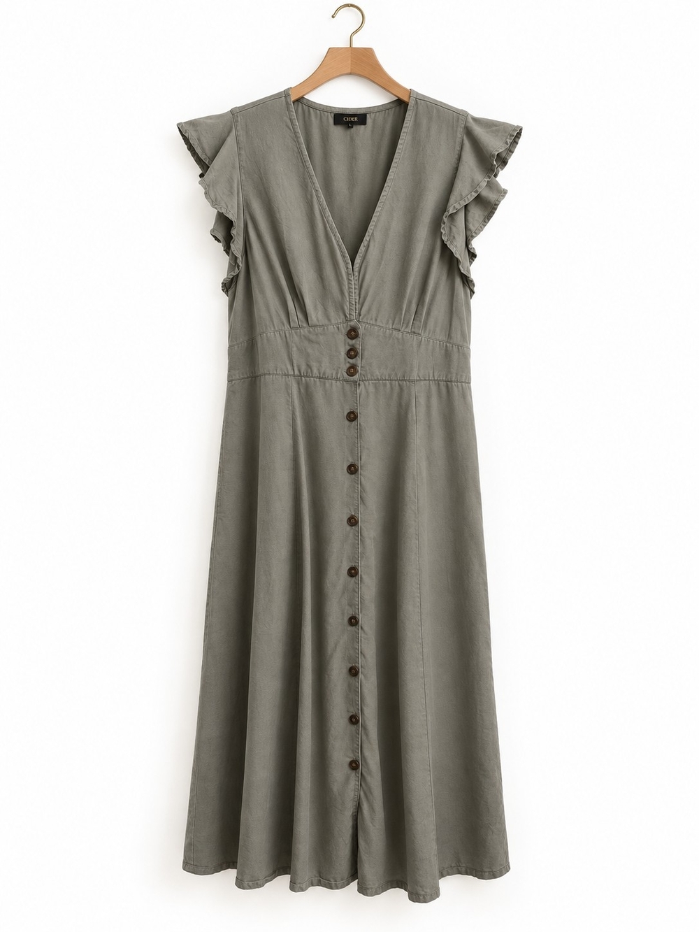 Quince Women’s XL Tencel Lyocell Button Front Midi Dress Olive Gray Ruffle Sleev
